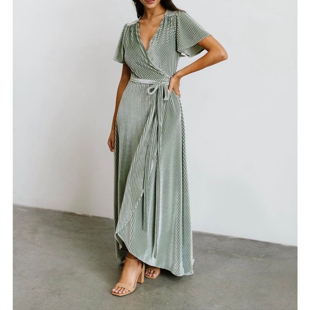 Balticborn Dress Andi Wrap Velvet Ribbed‎ Short Sleeve Dusty Sage Green Small
